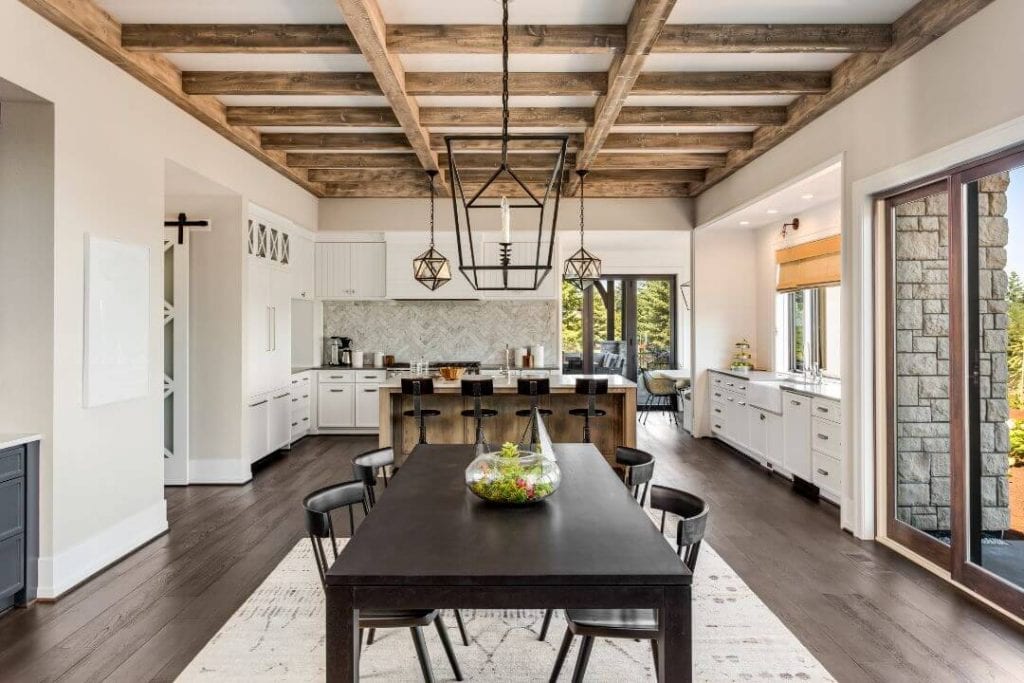 Modern Rustic Kitchen with Exposed Wooden Beams in Ceiling