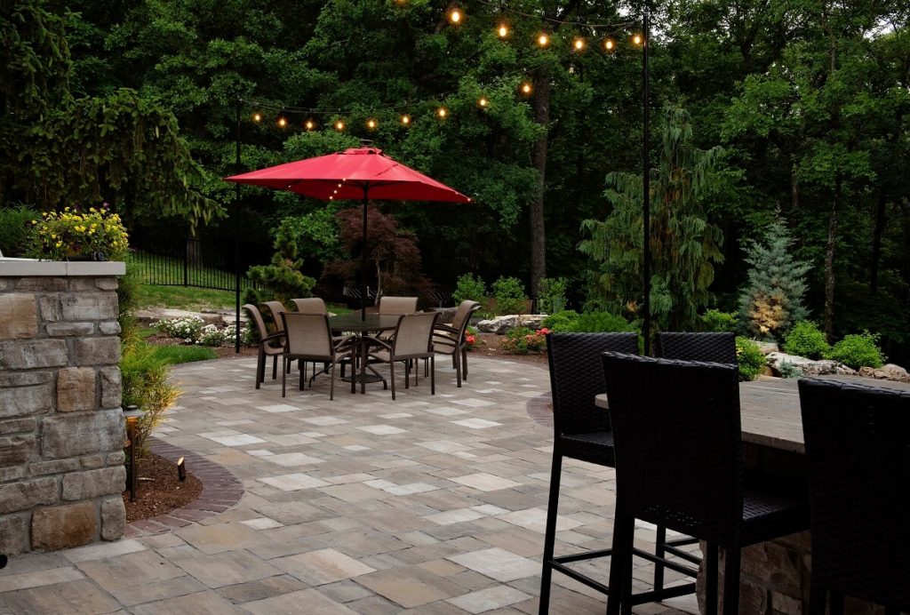 Outdoor lounge area on stone patio