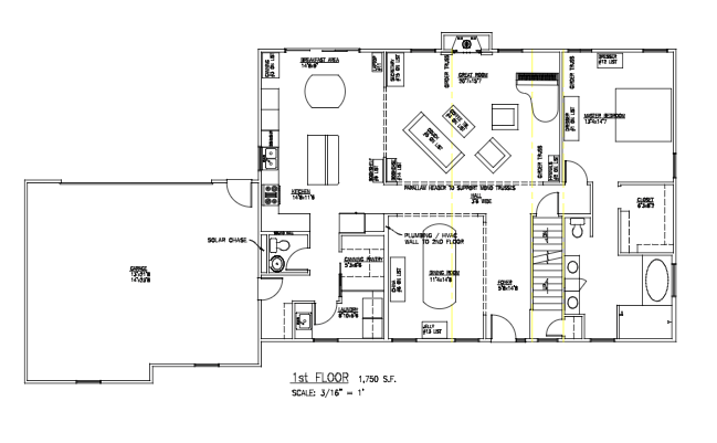 Initial designs for the first floor show the open design between the kitchen, great room, and dining room. Dashed lines show open spaces between rooms - with additional header support but no division by walls.